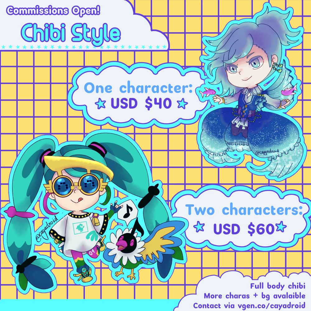 Art commissions post for chibi style: one character is USD 40 and two characters is USD 60. More info con vgen.co/cayadroid