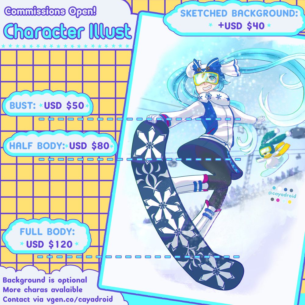 Art commissions post for character illustrations: Busts are USD 50, Half Body is USD 80 and Full Body is USD 120. More info con vgen.co/cayadroid