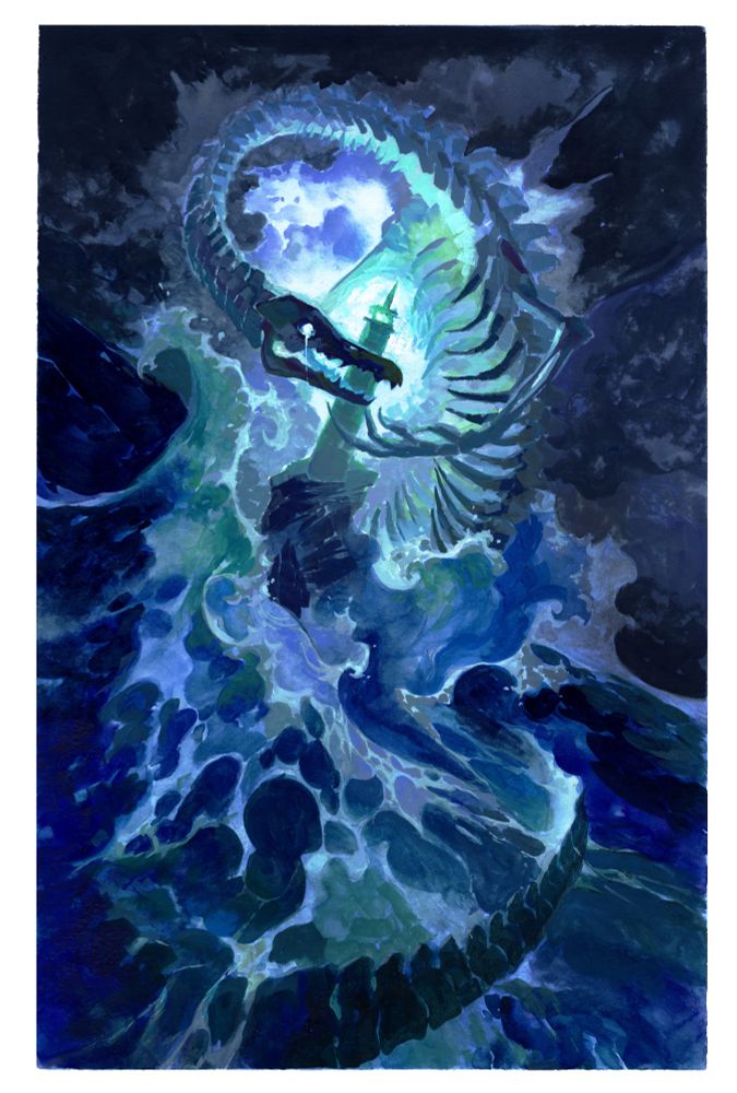 Gouache illustration of sea monster and light house 