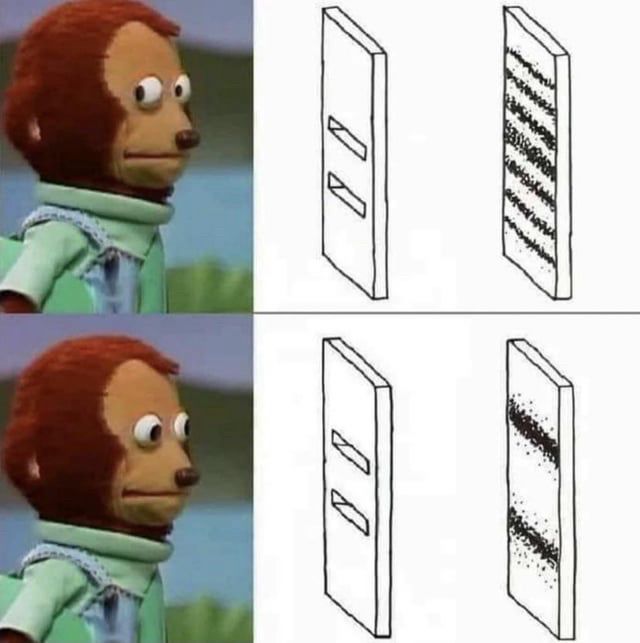 Side eye monkey meme looking at the famous double slit experiment 

The monkey looks away from the experiment and the results suggest light is a wave

The monkey looks at the experiment and the results suggest light is a particle
