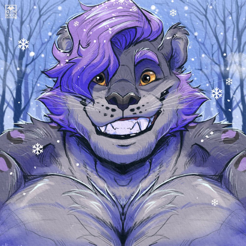 A headshot of a purple snow leopard smiling to you in the cold snowing winter.