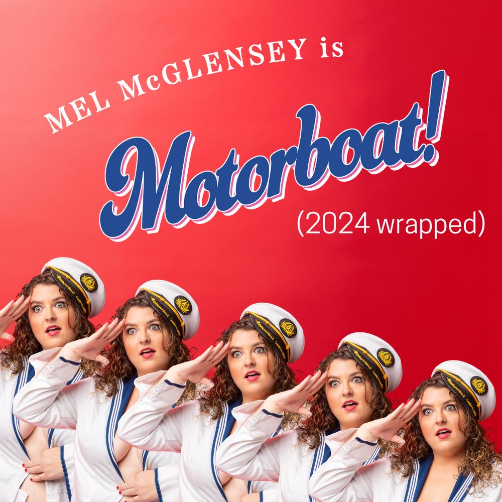 A red background with 5 duplicates (in descending order or height) of a woman wearing a sailor hat and doing a salute while wearing a revealing sailor shirt