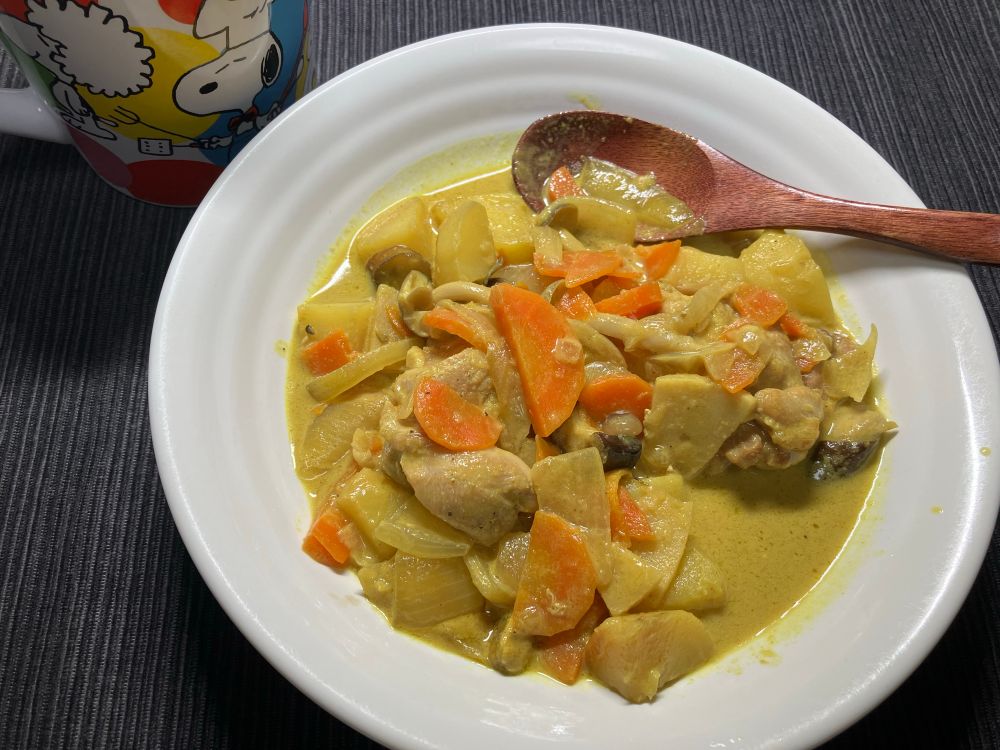 白い皿によそわれたカレー。ご飯はない。カレーのみ。横にスヌーピーの柄のマグカップが見える。木の匙が添えられて黒っぽいランチョンマットに皿が乗っている。にんじん、たけのこ、なす、鶏肉、じゃがいも、たまねぎ、しめじ、ニンニクのかけらもみえる。