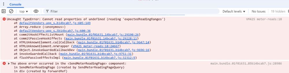 Javascript call stack showing meter reading page exception.