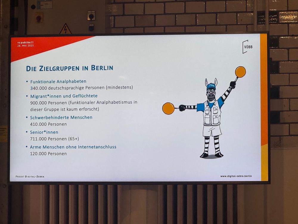 re:publika25
26. MAI 2025
VOBB
DIE ZIELGRUPPEN IN BERLIN
• Funktionale Analphabeten
340.000 deutschsprachige Personen (mindestens)
• Migrant*innen und Geflüchtete
900.000 Personen (funktionaler Analphabetismus in dieser Gruppe ist kaum erforscht)
• Schwerbehinderte Menschen
410.000 Personen
• Senior*innen
711.000 Personen (65+)
• Arme Menschen ohne Internetanschluss
120.000 Personen