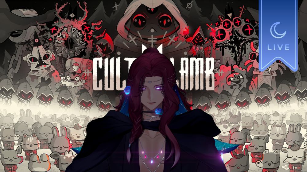 The cover art for Cult of the lamb marks the background of the image, which shows a plethora of followers all knelt in worship surrounding the center. While the many various enemies of the game circle in the upper part of the image. Center stage Aphelion stands in the shadows, a mischievous smirk on his face an an ethereal glow in his eyes as the words 'Cult of the lamb' are shown behind him. A blue banner with silver trim sits in the upper right with a moon and the word 'live' which means APh is streaming on his channel!