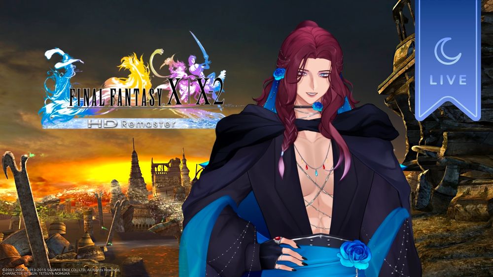 A ruined city lies beneath a beautiful golden sunset, a screenshot of ffx and the backdrop for the image. In the upper left the logo for final fantasy x H-D remaster sits, while in the upper right, a blue banner hangs with a silver moon and trim. The word 'Live' in the same color also indicates that aphelion is playing it on his channel for everyone! As the archfae himself stands in the center, hand on his hip and a smile on his face for what shall come.
