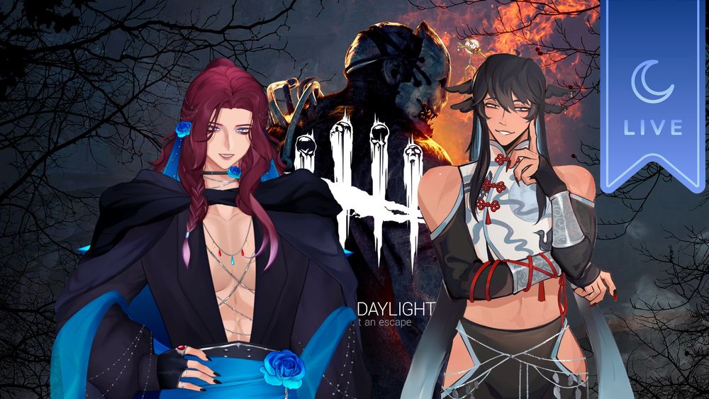 The cover art of Dead By daylight sits in the background, with an ominous sunset forset and a strange man standing center screen. The words 'Dead by daylight' are in white in the center, while Lucien stands to the right with a playfully sly smile on his face. While aphelion stands to the left, with a hand on his hip and a grin on his face. A blue banner in the upper right, hands with a silver trim, moon, and letting saying 'Live' meaning aph is playign this on his channel!