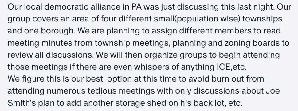 Screengrab: "Our local democratic alliance in PA was just discussing this last night. Our group covers an area of four different small(population wise) townships and one borough. We are planning to assign different members to read meeting minutes from township meetings, planning and zoning boards to review all discussions. We will then organize groups to begin attending those meetings if there are even whispers of anything ICE,etc. We figure this is our best  option at this time to avoid burn out from attending numerous tedious meetings with only discussions about Joe Smith's plan to add another storage shed on his back lot, etc."
