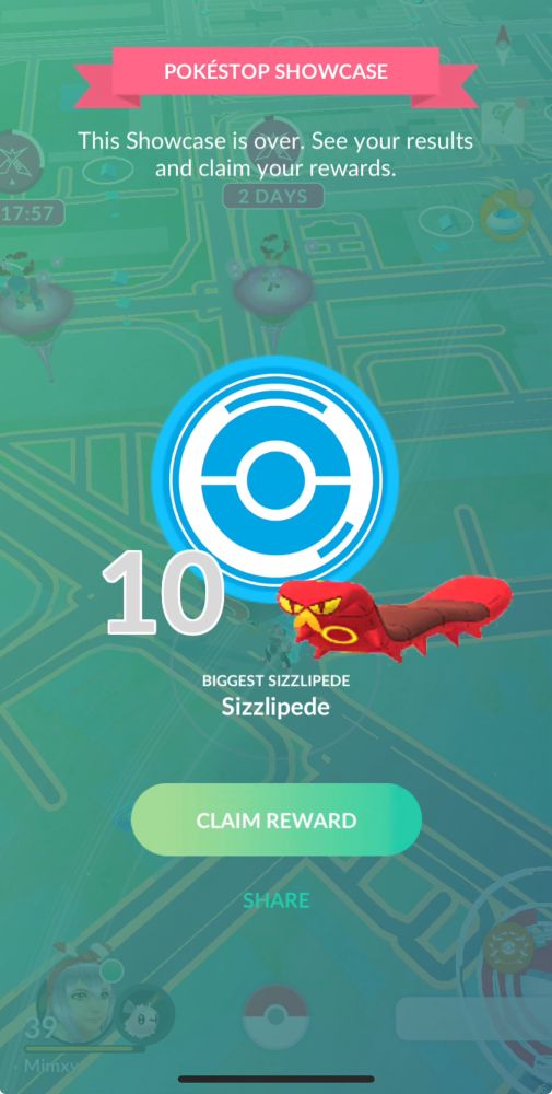 Screenshot of a sizzlepede showcase result from pokemon go showing 10th place