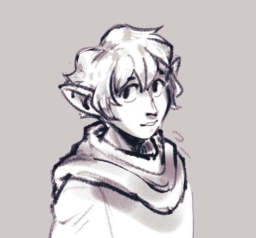portrait of a person with short hair and elf ears wearing a baggy scarf over their shirt