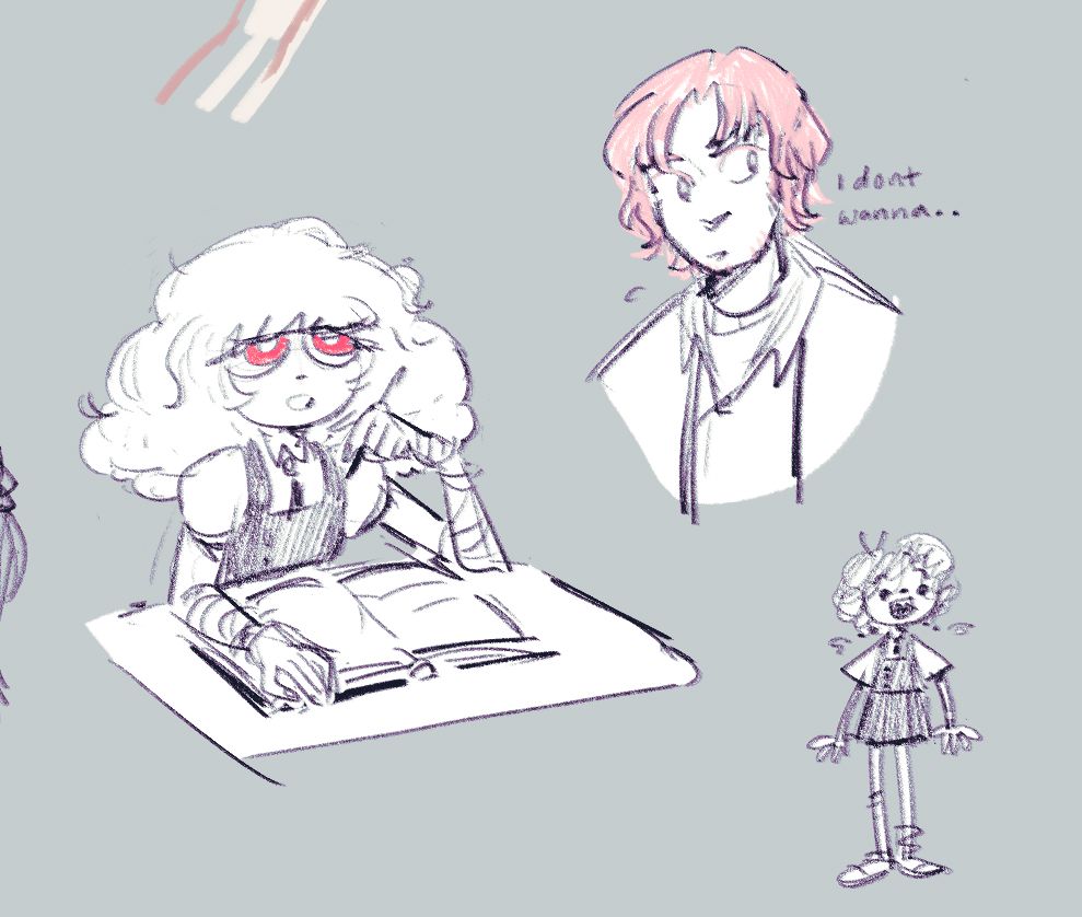 three rough doodles filled with white. one of a girl sitting at a desk with a book in front of her propping one elbow up on the desk. one is a portrait of a boy with shaggy pink hair saying "i dont wanna". one of a scraggly little girl with fluffyhair smiling.