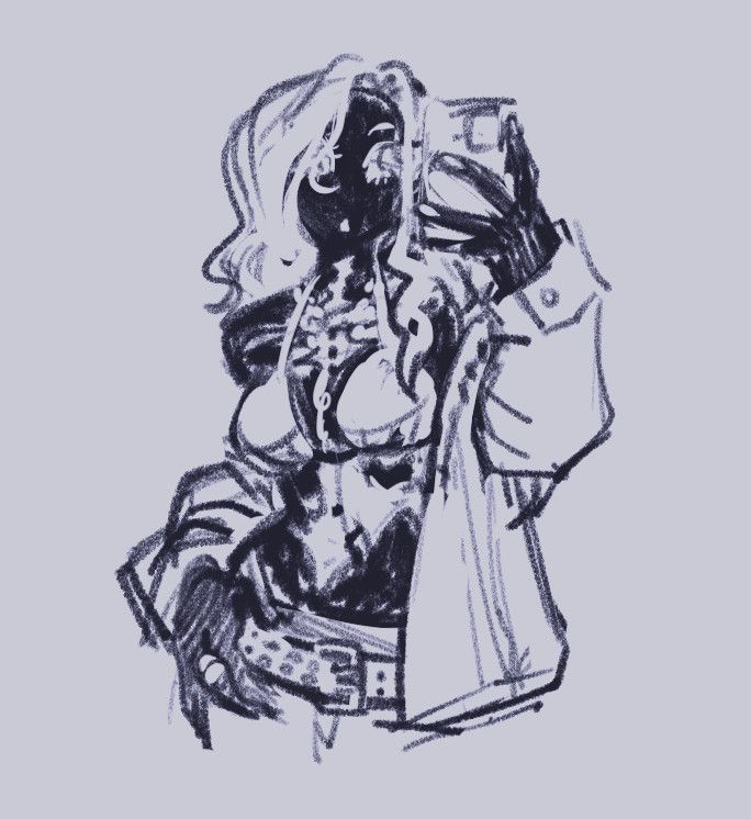 rough drawing of a girl with dark skin wearing a bikini under a coat that is shrugged off her shoulders