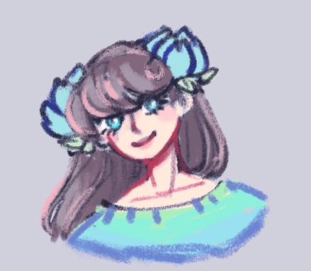 portrait of a fair skinned girl with bright blue eyes smiling. she has large flowers on either side of her head holding her long brow hair back
