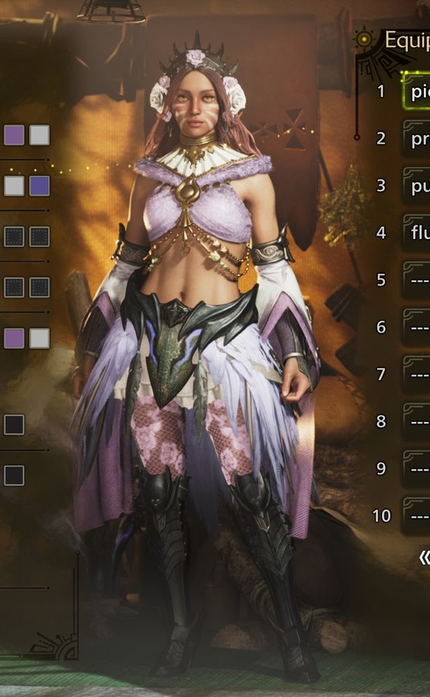 Full body shot of a hunter from monster hunter wilds in a lavender and white outfit