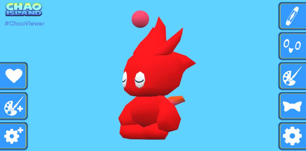 Text in top left corner 
Chao Island #ChaoViewer
A screenshot from the Chao 3D Viewer web tool 
A red neutral power chao from Sonic Adventure 2 Battle is standing in front of a blue background.
the chao has bulky arms, feet and body. The chao has small red wings, a reddish pink bubble floating on its head, and sleepy closed eyes. 
Blue boxes around the chao show icons for customization
Left side  
A heart
A paint palette with a plus
A cog with a plus
Right side
A chaos drive
A chao face
A paint palette
A bowtie
A cog