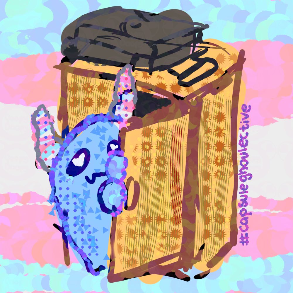 A textured digital illustration of a fluffy monster stepping out of a cupboard. The monster has light blue fur and two pink blue and white striped horns. The cupboard is light yellow and brown witch a grey suitcase on top of it. The background is a textured trans pride flag of horizontal blue pink and white stripes. Purple Hashtag on the right reads #capsuleghoulective 
