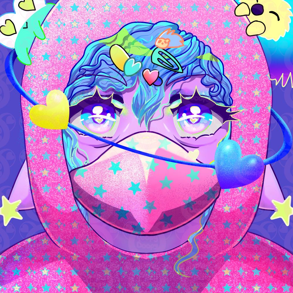 A semi-realistic digital portrait illustration of Goopy in a vibrant colour palette on a purple background. Goopy has light purple skin, bluey-purple eyes curly blue hair and down-pointed ears with yellow stars on the ends. Goopy wears a bright pink hoodie with a green starry pattern and the hood up. A pink and green face mask covers goopy's mouth and nose. A green frog sits on the top left of goopy's hood, and a small blue and yellow hedgehog sits on the top right. An orbital ring with a yellow and a blue heart rotates around goopy's head. 