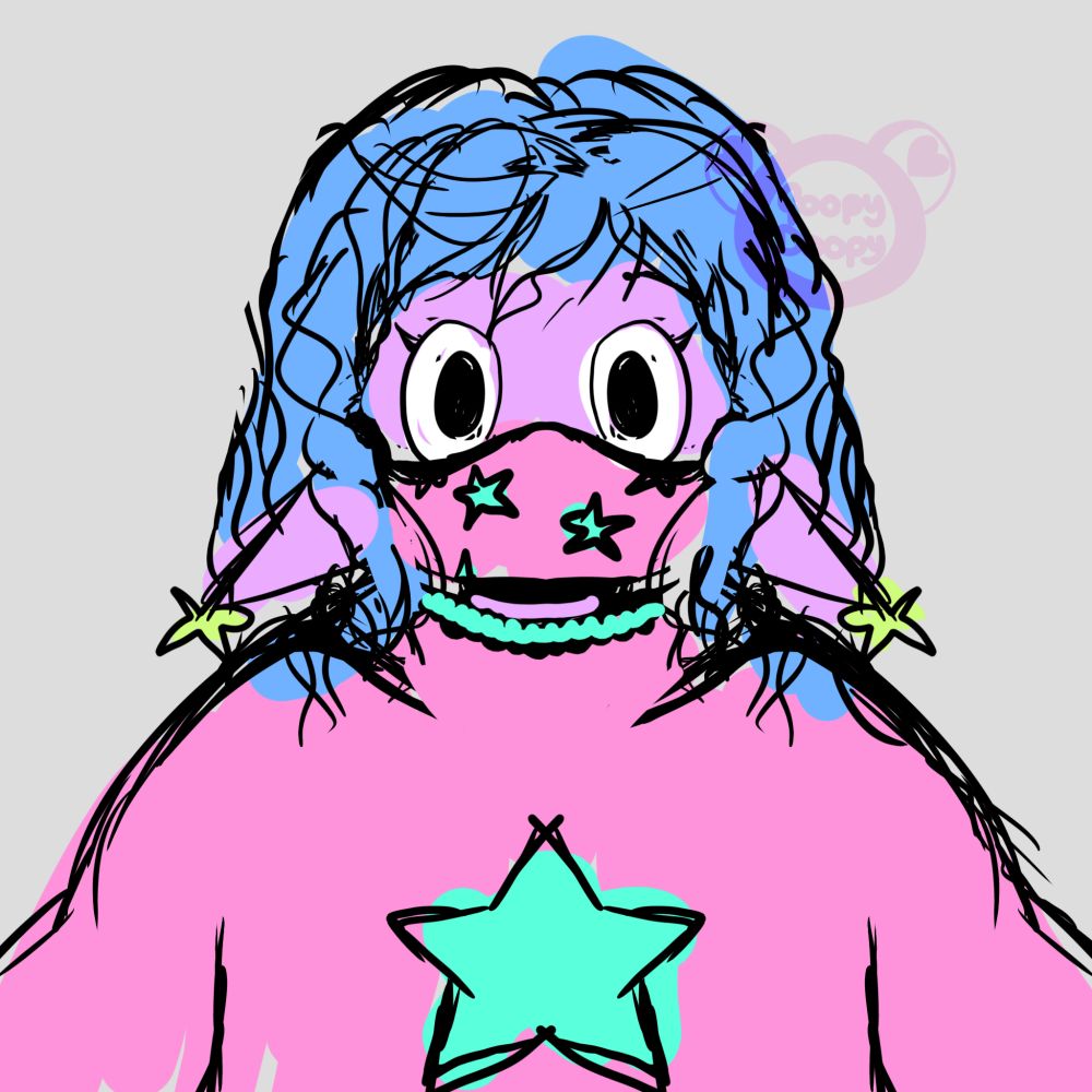 Goopy in front of a light grey background. Goopy is a humanoid elf-like creature with light purple skin, blue curly hair and droopy pointed ears with yellow stars on the ends. Goopy wears a pink hoodie with a mint green star on the front as well as a pink face mask with mint green stars 