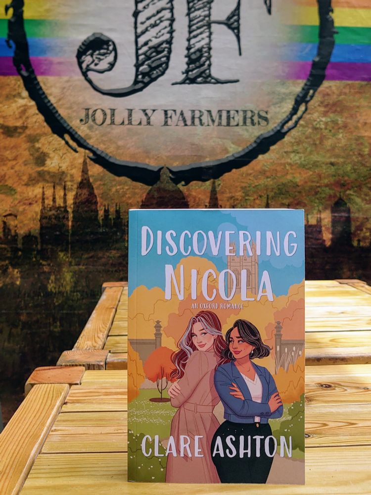 Discovering Nicola paperback on a table in Jolly Farmers beer garden