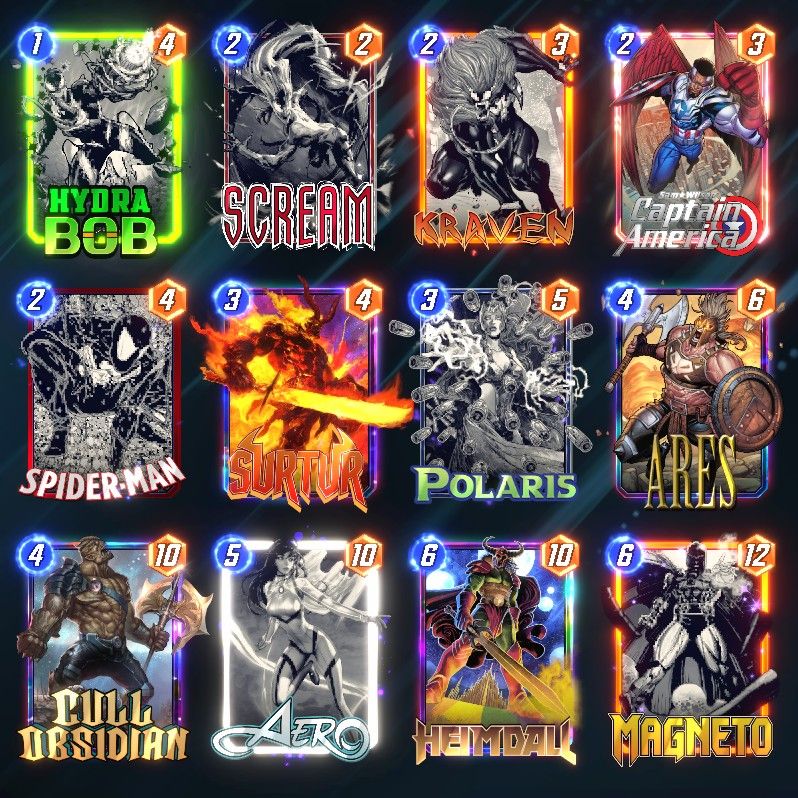 # (1) Hydra Bob
# (2) Scream
# (2) Kraven
# (2) Sam Wilson Captain America
# (2) Spider-Man
# (3) Surtur
# (3) Polaris
# (4) Ares
# (4) Cull Obsidian
# (5) Aero
# (6) Heimdall
# (6) Magneto
#
SGRyQmI4LFNjcm02LEtydm42LFNwZHJNbjksU3J0cjYsUGxyczcsQXJzNCxDbGxPYnNkbkMsQXI0LEhtZGxsOCxNZ250NyxTbVdsc245
#
# To use this deck, copy it to your clipboard and paste it from the deck editing menu in MARVEL SNAP.