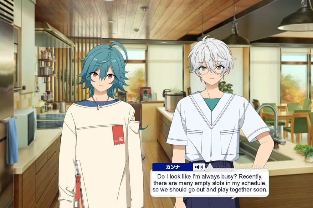 Kanna, one hand on his hip and looking neutral: Do I look like I'm always busy? Recently, there are many empty slots in my schedule, so we should go out and play together soon.