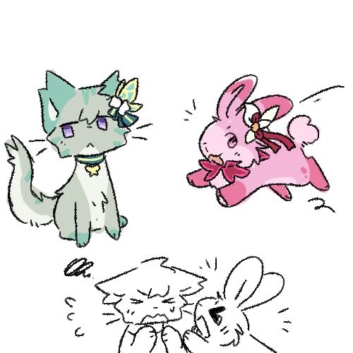 doodles of nene as a cat counterpart of herself and emu as a bunny counterpart of herself :] in the bottom of the doodle page bunny emu is bothering cat nene, probably teasing her or bombarding her with the usual energy overdosages