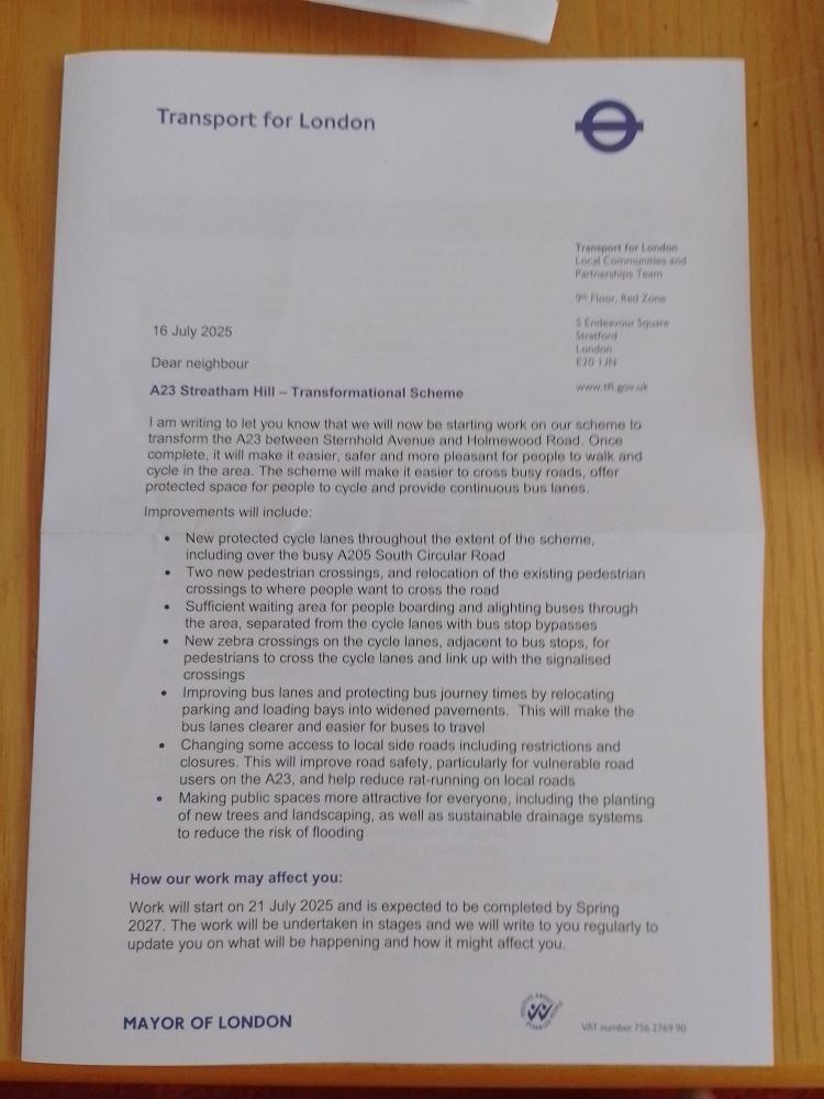 The images show a four page letter from TfL to local residents in Streatham Hill about the A23 Transformational Scheme.