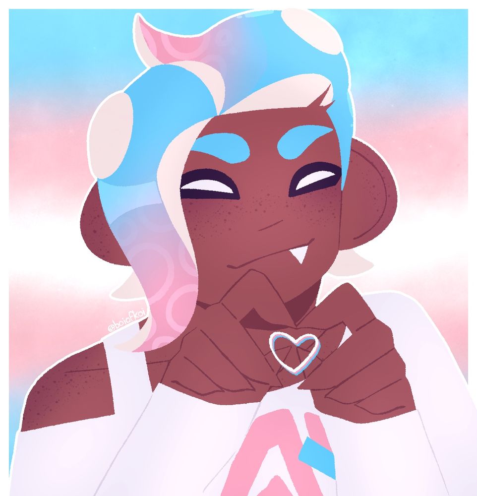 mars in the colors of the trans flag, making a heart with his hands