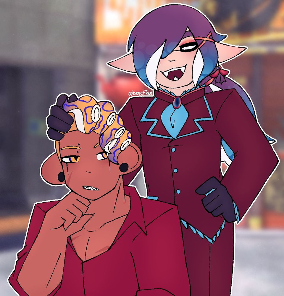 ike standing smugly and resting his hand on ari’s hair, while ari looks up at him with a slightly jaded expression