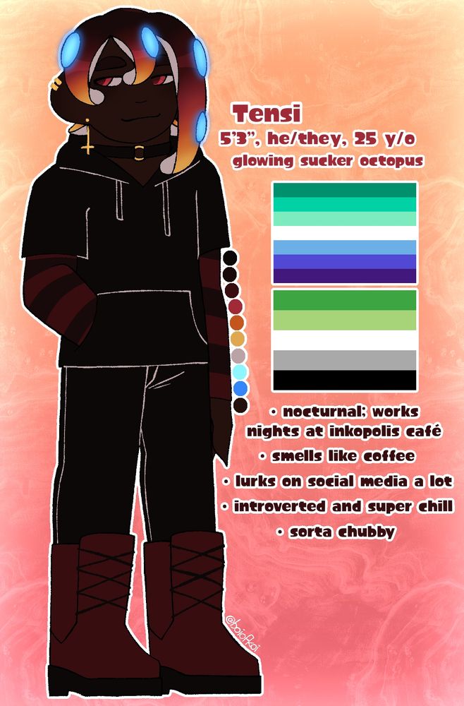 a ref sheet for tensi, a glowing sucker octopus in a striped sleeve hoodie and combat boots