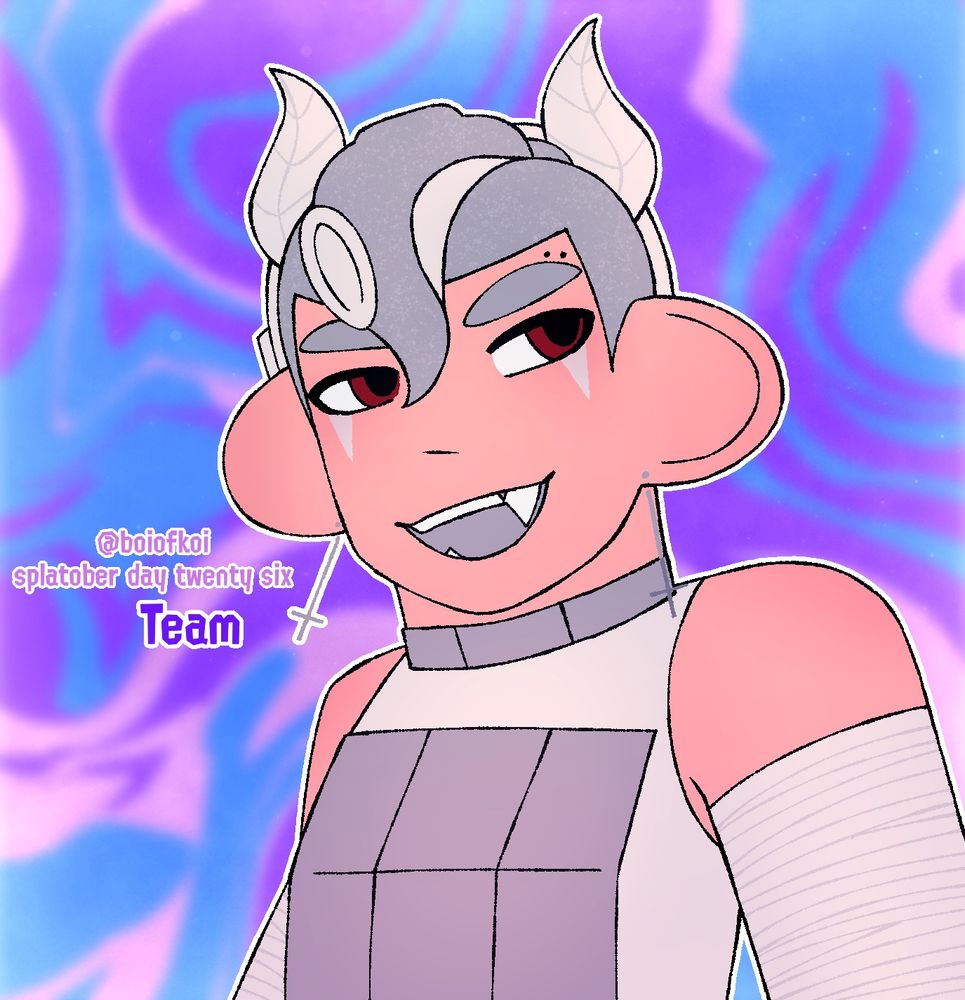 splatober day twenty six: team
kyrin in his grand fest outfit with a team present-colored background