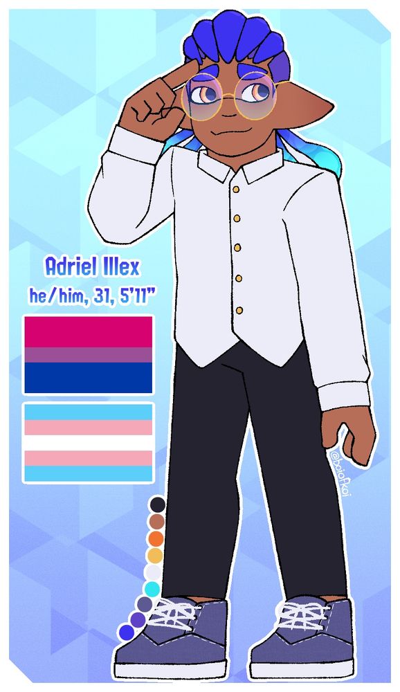 a ref sheet for adriel, a gentle looking squid with blue ink and glasses