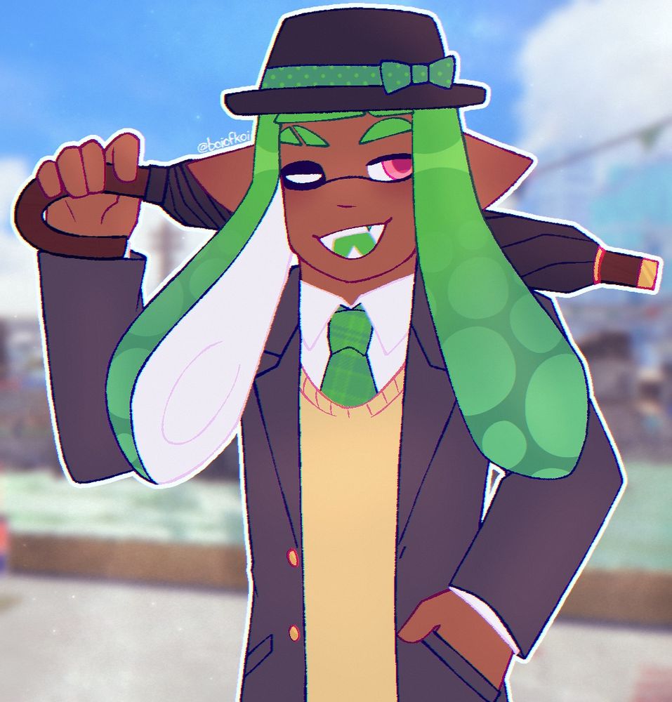 pierce, a dapper looking inkling, resting his undercover brella on his shoulder