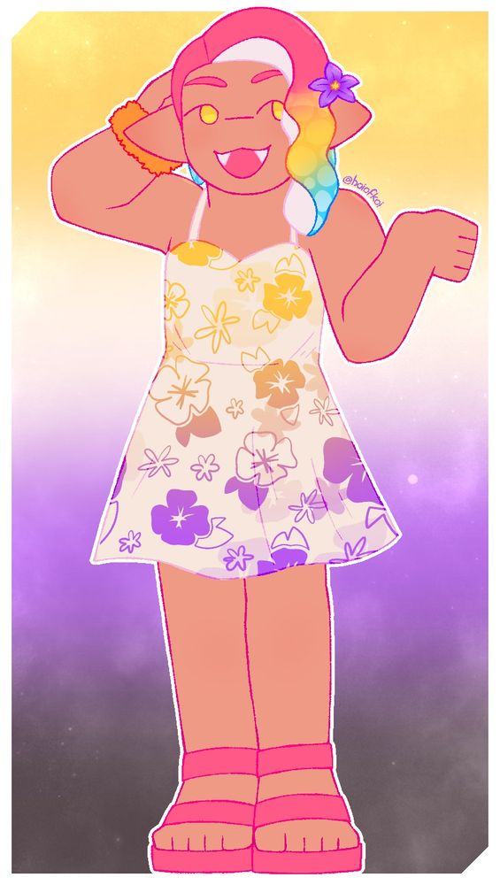 jessie standing confidently in a white sundress with a yellow and purple floral pattern, wearing a flower in their hair