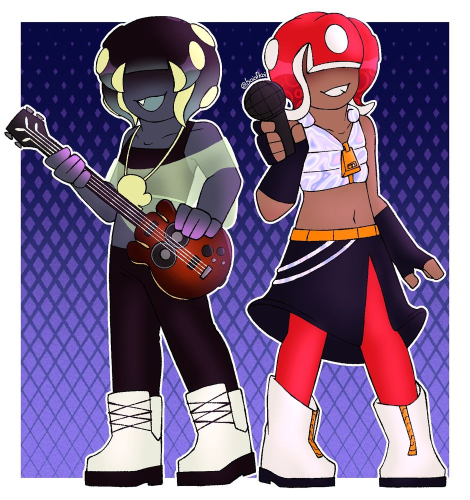 europa and mushie, two octoling djs whose eyes are obscured by their hair, holding a bass guitar and a microphone respectively as if about to play a song