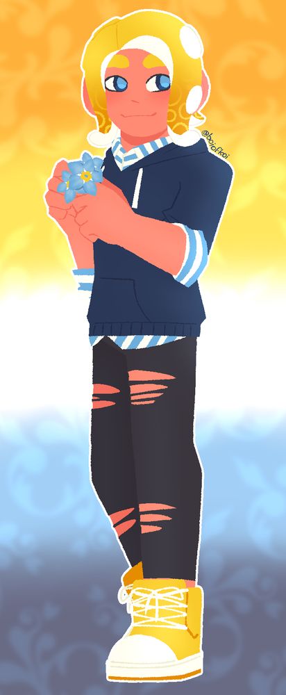 flick in the aroace colors holding forget-me-nots