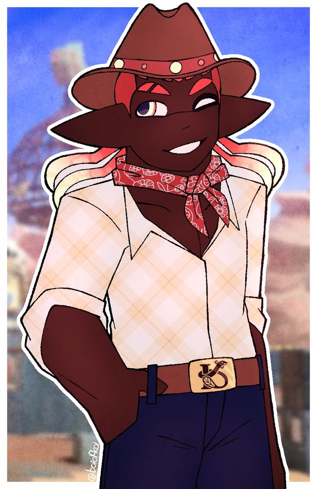 reno in scorch gorge with a loose button down shirt, a bandana around his neck, and a rockenberg-branded belt (along with his usual cowboy hat)