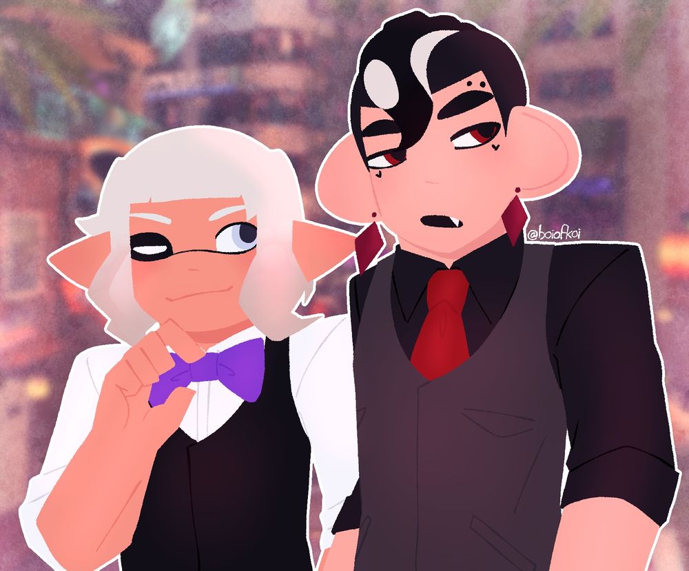 esprit and kyrin in button up shirts and waistcoats; esprit is adjusting his bowtie while kyrin looks mildly annoyed