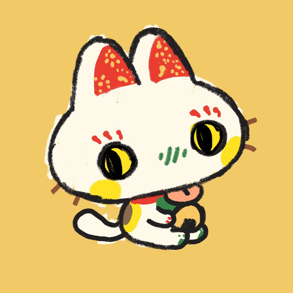 Drawing of Bleppe the Cat. They are drawn in the style of a maneki neko, with red ears, gold accents, and holding a golden riceball, they have green blush marks, and yellow cheeks. Their tongue is sticking out
