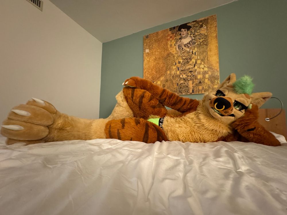 fursuiter laying on a bed, wearing a jockstrap, their head facing the camera
