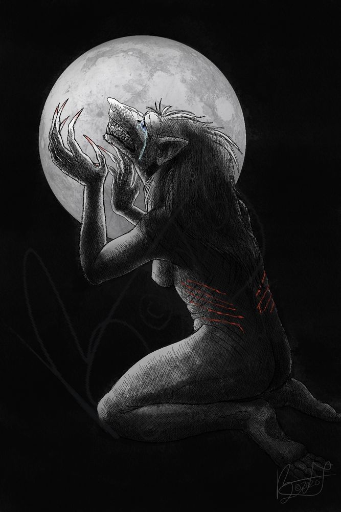 Black and white drawing of a werewolf facing away from the viewer looking up at a full moon with its hands raised. It has red bloody claw marks along its back and is crying
