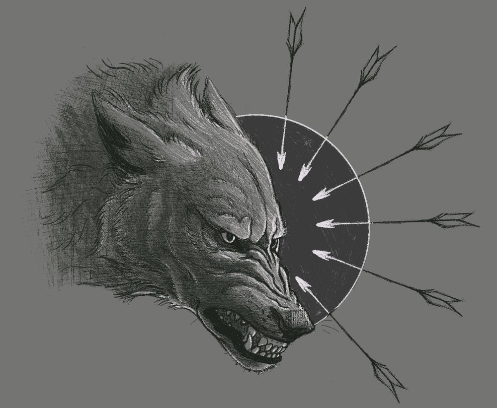 Black and grey drawing of a wolf head, snarling. There is a halo of arrows facing the wolf in white