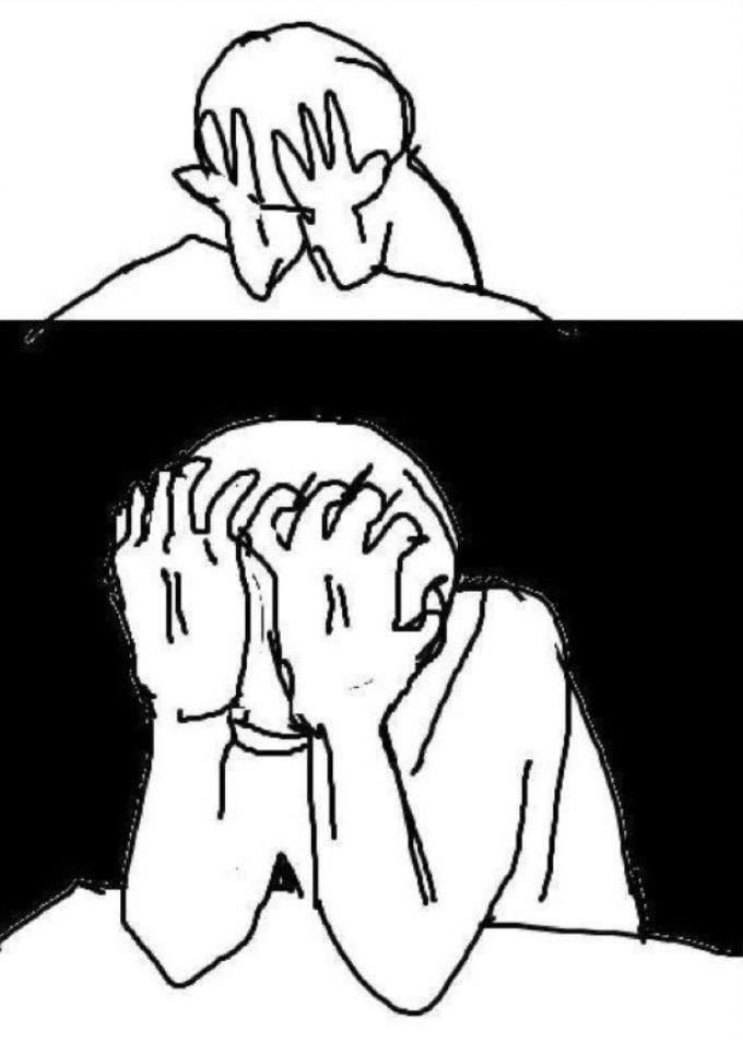 Two panel black and white comic. Panel 1 is a stick person with their head in their hands. Panel 2 is a closer drawing of that stick person with their hands gripping their head forcefully.
