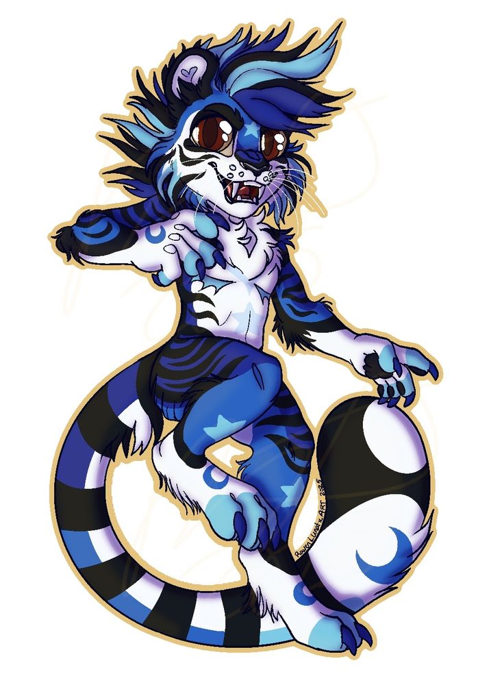 A chibi style drawing of a blue, black and white tiger. He is jumping slightly with his left arm and leg raised 