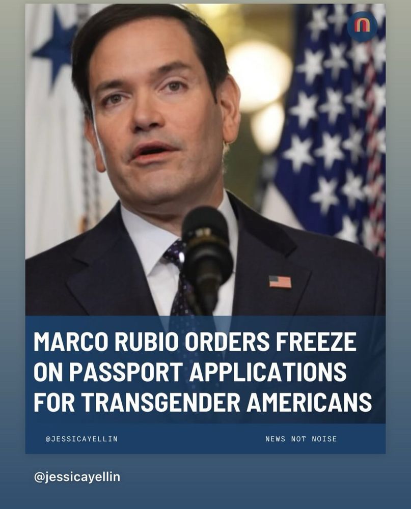 Photo of Secretary of State Marco Rubio with caption "Marco Rubio orders freeze on passport applications for transgender Americans"
