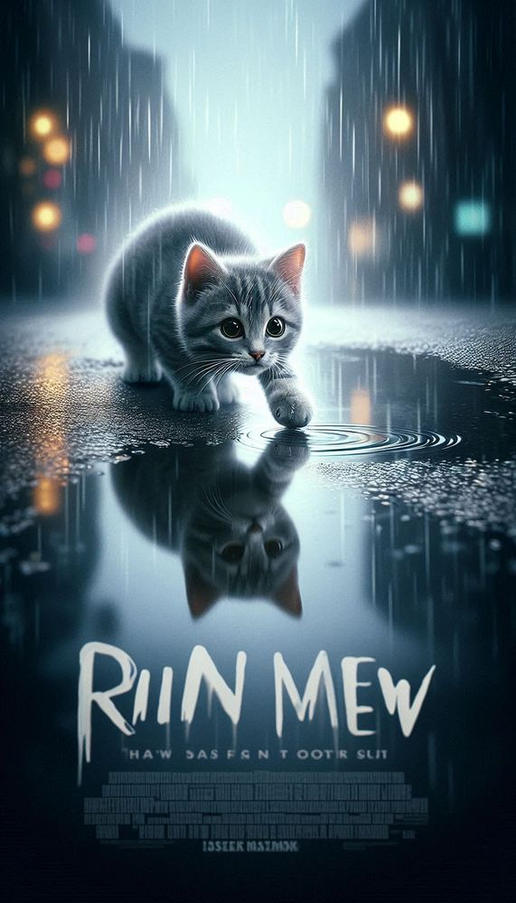 ③«#aiart #Genart by MicrosoftDesigner»
A movie poster in the style of a quirky animated film, featuring the "Rain Mew" logo prominently displayed at the top center. The central focus is a close-up, softly lit photo of a gray striped cat cautiously peering into a rain-filled puddle, with the cat’s reflection staring back. The cat takes a deliberate, threatening step towards its reflection in the puddle, creating a sense of playful mystery. A blurred, bokeh-filled background of a rainy city street hints at a whimsical, rainy adventure, with subtle neon lights reflecting in the water.