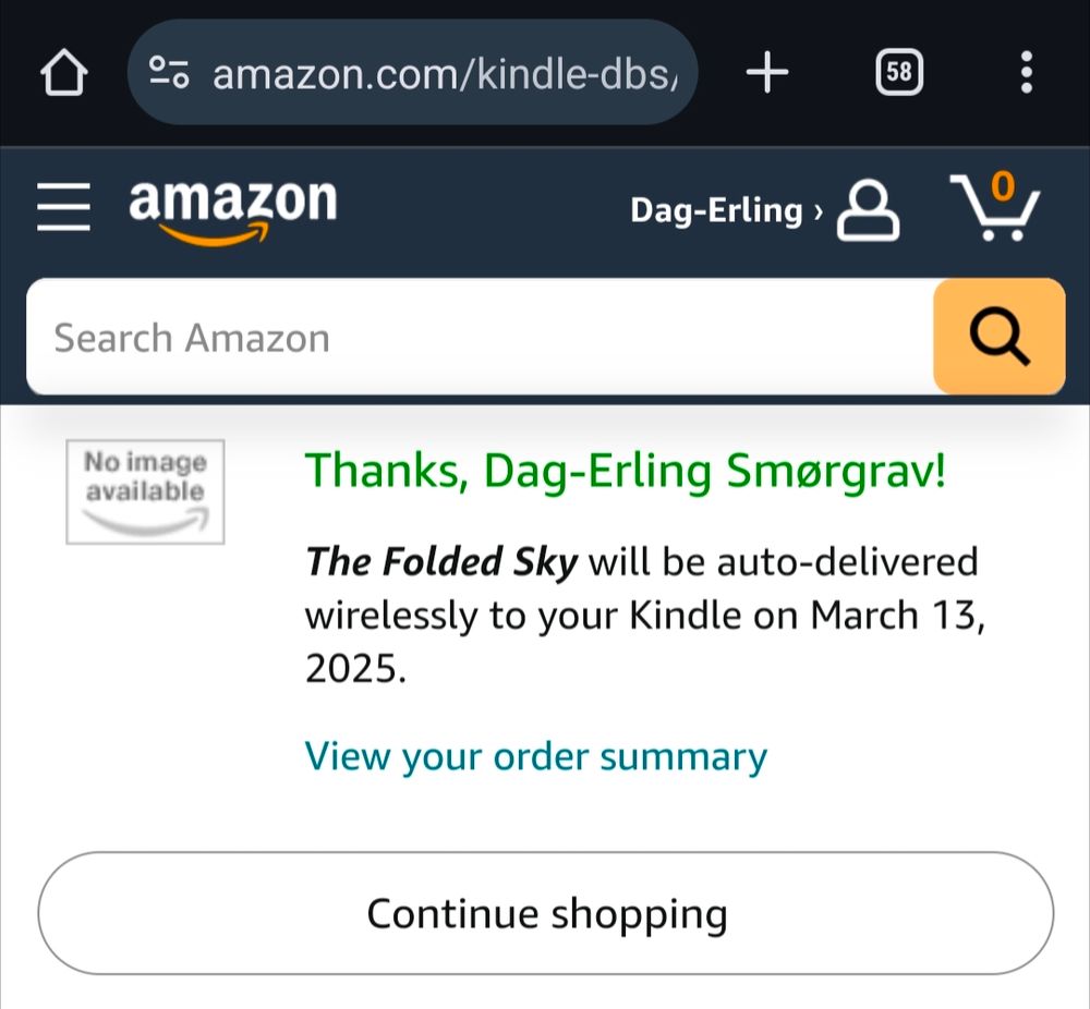 Screenshot of Amazon order confirmation for the Kindle edition of The Folded Sky saying it will be delivered on March 13, 2025.