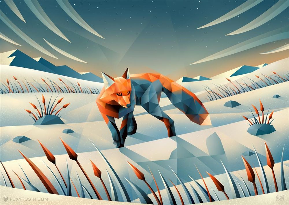digital vector artwork depicting a red fox stalking through a snowy landscape, with stylized reeds and rocks dispersed in the landscape. The piece is inspired by futurist paintings, with angular, polygonal elements constructing the artwork. Heavy gradients are used on every surface, adding to the modern flair of the piece. Artwork by Foxytosin.