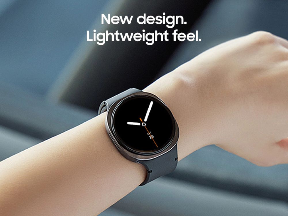 Marketing image of a Galaxy watch 8, showing that it has a round watch screen, but a rounded square metal body encasing it.